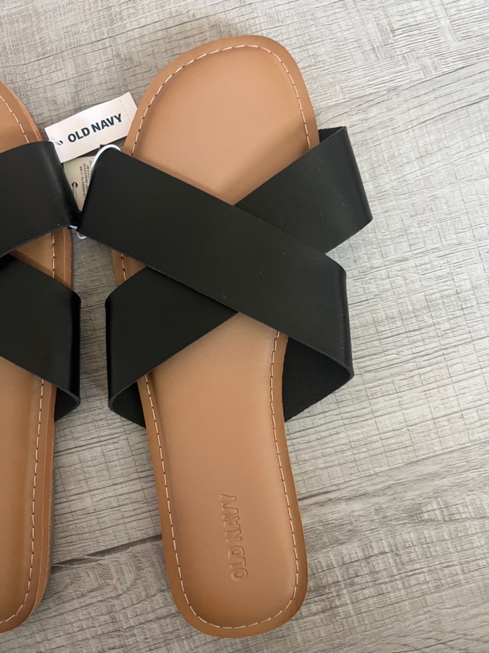 3/$10 Old Navy Black Crossband Slide Sandals with Tan Footbed Size 10 - Picture 2 of 3